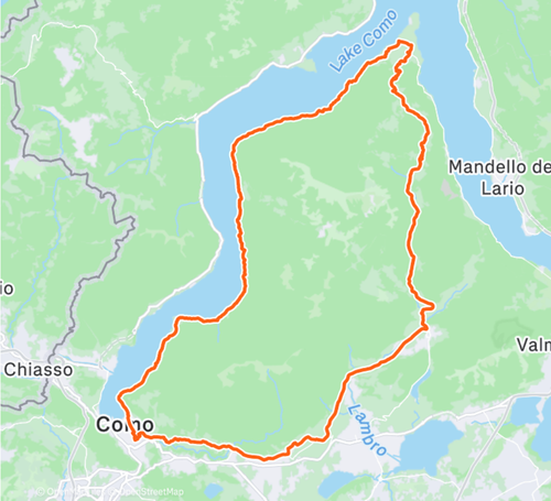 Mappa itinerario tour in bici da corsa Bellagio e Ghisallo — 70 km e 1.200 m di dislivello