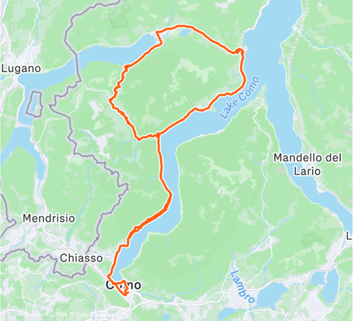 Mappa itinerario tour in bici da corsa Porlezza e Val d'Intelvi — 90 km e 1.100 m di dislivello