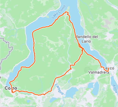 Mappa itinerario tour in bici da corsa da Como a Lecco — 100 km e 1.500 m di dislivello