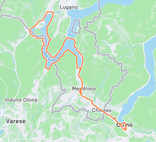 Mappa itinerario tour in bici da corsa Lago di Lugano tra Italia e Svizzera — 90 km e 600 m di dislivello