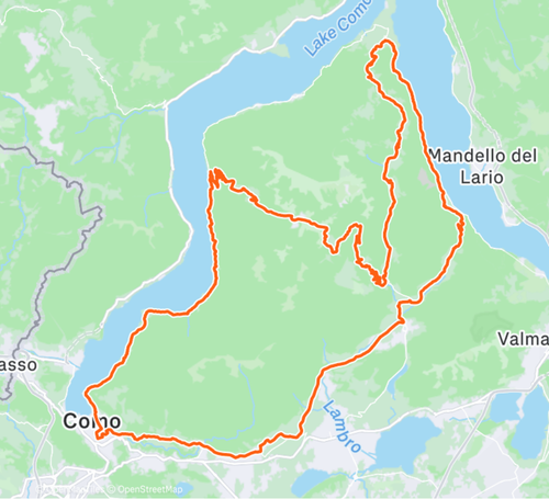 Mappa itinerario tour in bici da corsa Muro di Sormano e Ghisallo — 100 km e 2.000 m di dislivello