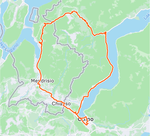 Mappa itinerario tour in bici da corsa Val d'Intelvi e Svizzera — 70 km e 1.000 m di dislivello